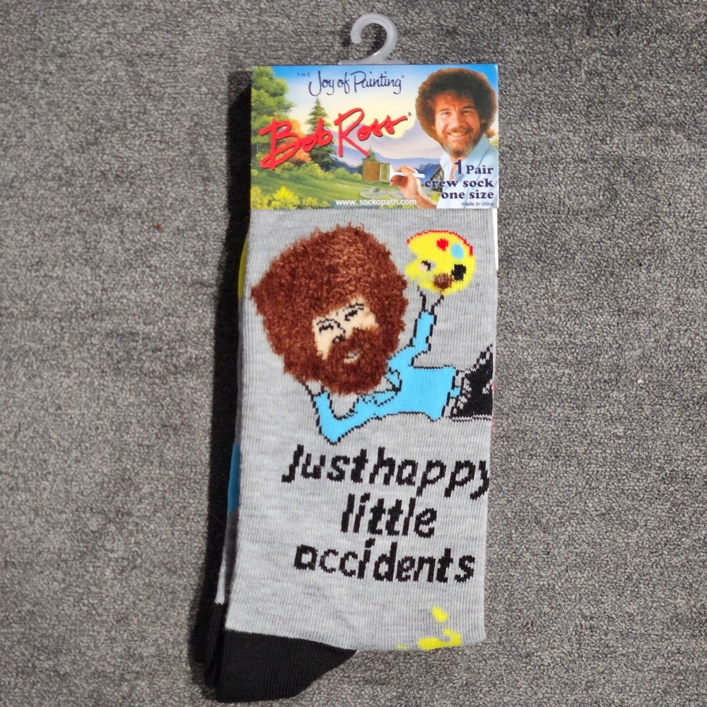 Bob Ross Just Happy Little Accidents Gray Crew Socks One Size New